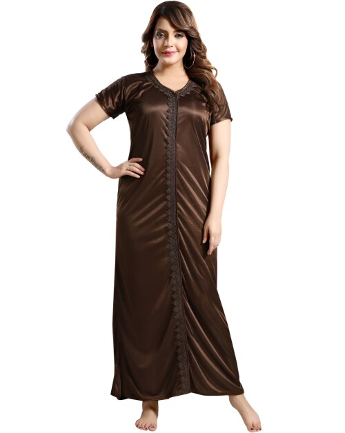 Silk Satin Nightgown with Short Sleeves and V-Neck