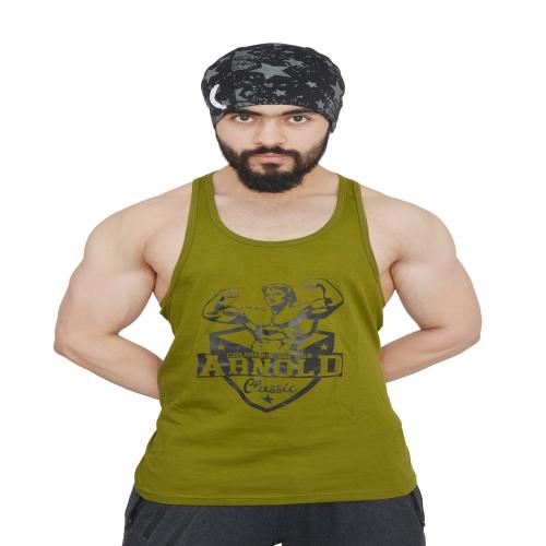 Anax Aesthetics Men's Pure Cotton Gym Wear | Arnold Printed Tank Tops Muscle Gym Bodybuilding Sleeveless Vest Fitness Workout Train Stringers, Color : Osum Olive and Black, Size- 2X Large