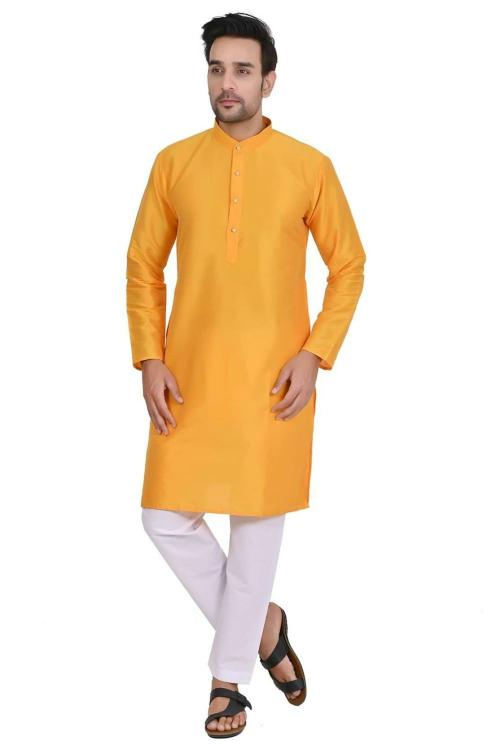 Sheriff Men's Art Silk Yellow Kurta with Cotton Aligarhi Pyjama|Men's Kurta Pyjama|Festive Kurta Pyjama|