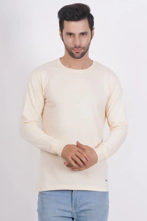 Dafabfit Premium Cotton Jersey Solid Cream Color Full Sleeves Round Neck Regular Fit T-Shirt For Men |