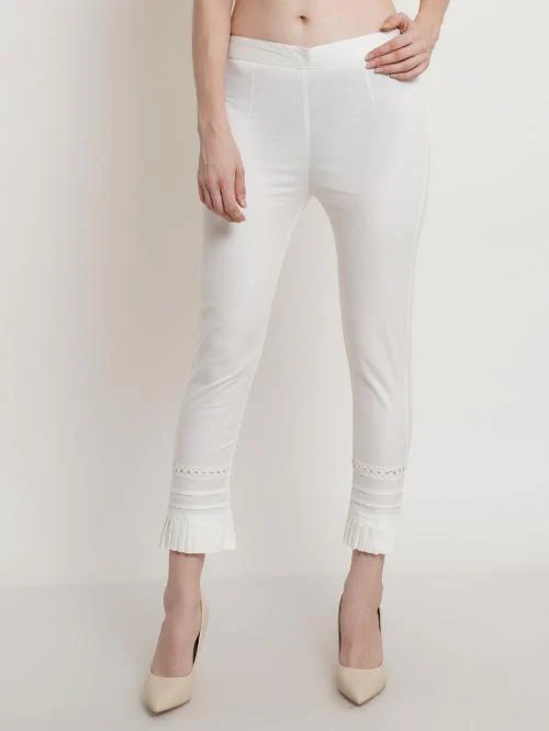 Popwings White Bottom Lace Cotton Women Trouser ! White Stretchable Solid Designer Laces Trouser for Women