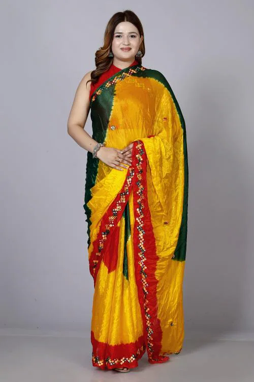 VL SAREES Women's Soft Chinon Mirror Work Rajasthani Look Designer Printed Yellow Saree with Blouse Piece