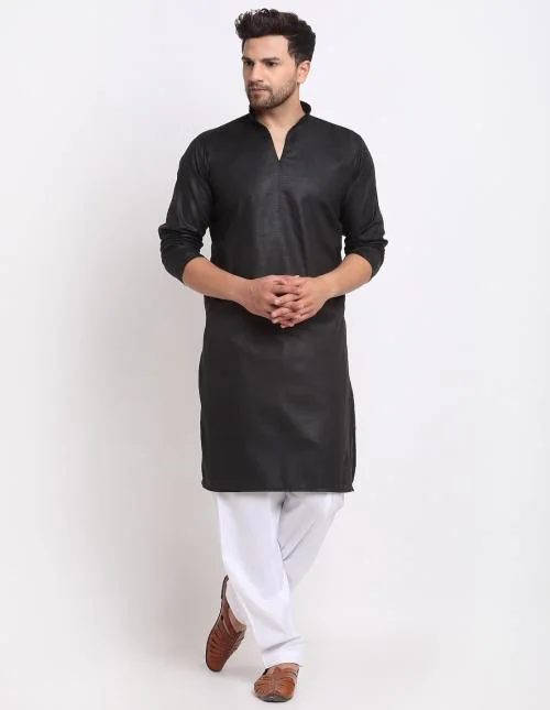 Benstoke Men's Black & White Cotton Pathani Kurta With Salwar Set
