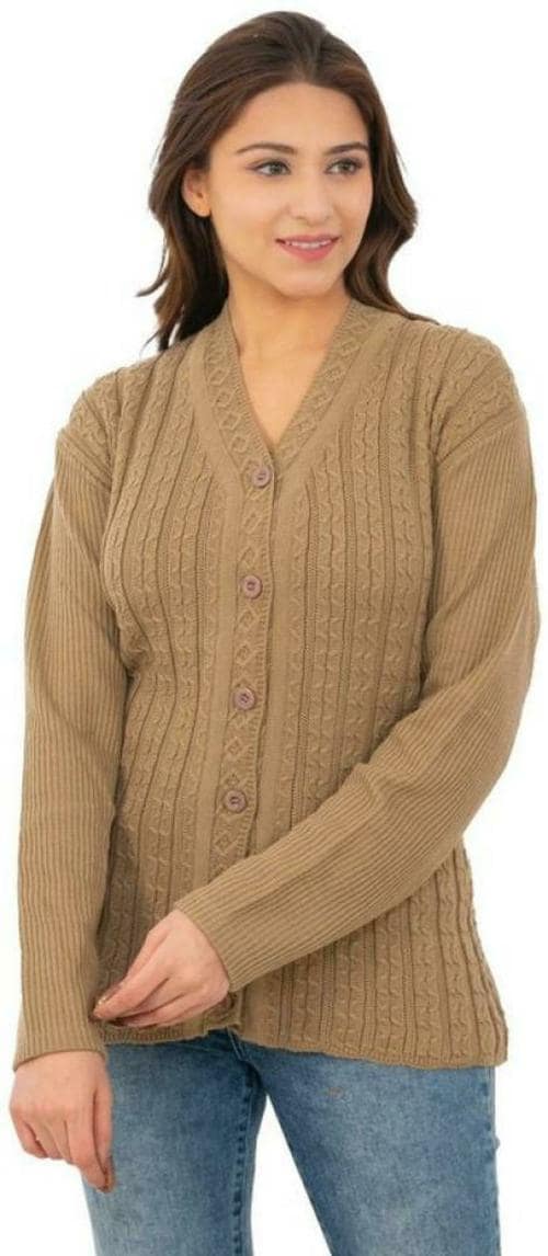 Loglo Women Beige Woven Design Polyester Sweater - XXL