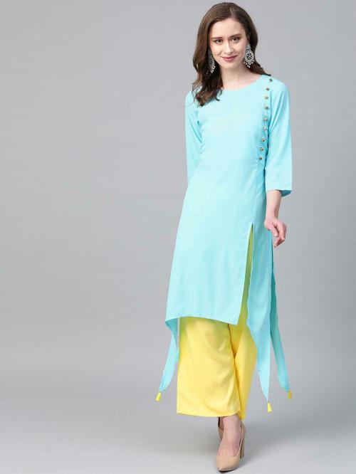 Ziyaa Women Blue Solid Kurta Palazzo Set