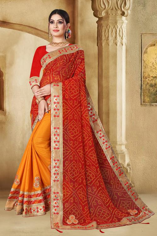 Supalee tex half & haf gota work bandhani red saree