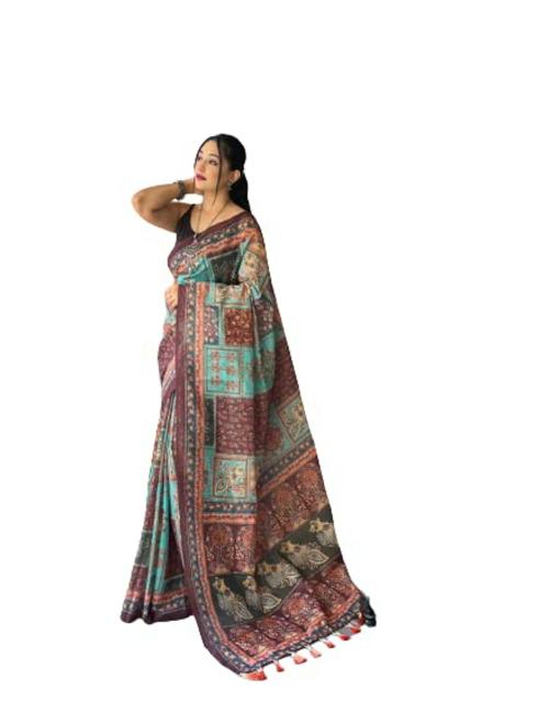 Leeli Peeri Designer Women Blue Cotton Saree (Free Size)
