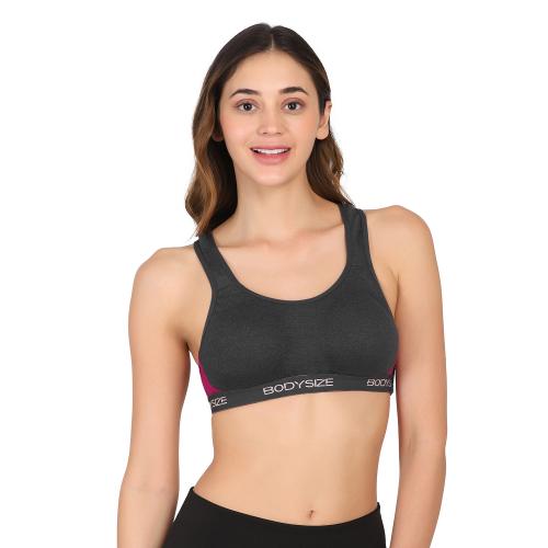BODYSIZE Women's Side Hook Sports Bra - Racerback, Gym Bra (Detachable Pads) (BLACK-36)