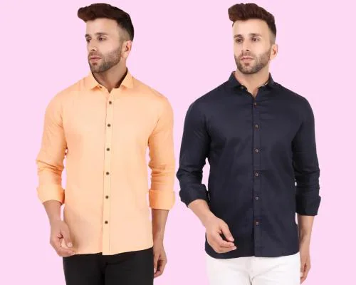 Allan Peter Men Orange and Dark Blue Solid Pure Cotton Casual Shirt-Pack of 2