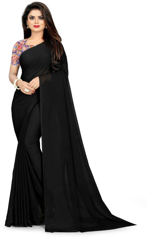 CLOMITA Solid Plain Bollywood Chiffon Saree (Black)