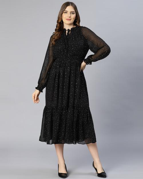 Shazy black foil print smocked women partywear dress