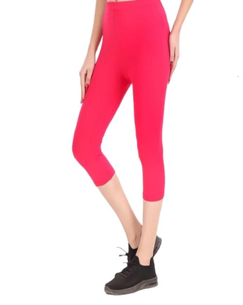 KCRUDRA Women Short Sport Capri Leggines for Gym Workout for Girls for Women |Women 3/4th Cotton Plain Capri 3/4 Capris Leggings for Women, Women's Slim Leggings (Rani Color)