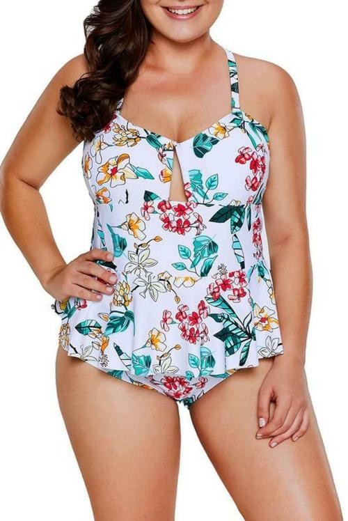 Tropical Floral Print Peplum One Piece Swimsuit - M Size White