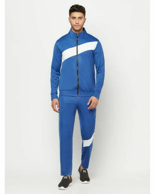 Glito Solid Blue With Neon White Stripe Stretchable Regular Fit Sports Wear Track Suit For Men