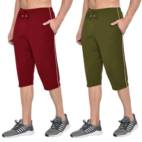 Stylcozy Men's Regular Fit Cotton Three Fourth Capri_Size_M_Maroon_Olive_Pack or 2