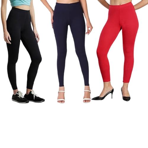 KCRUDRA Cotton Lycra Ankle Length Leggings For Womens | Ankle Length Leggings for Girl's | Free-Size Ultra Soft Cotton Pack of 3 (Black, Navy Blue and Red)