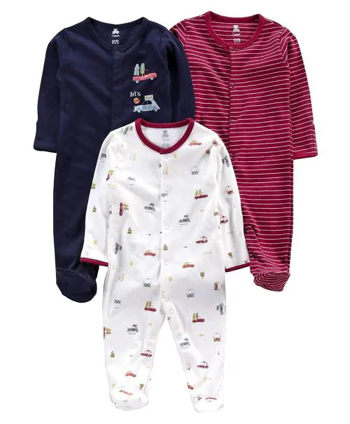 I Bears Full Sleeves Rompers for Baby Boys and Baby Girls made of 100% Cotton Footies Bodysuit Set(Red,White,Dark Blue 0-1 month) Pack of 3