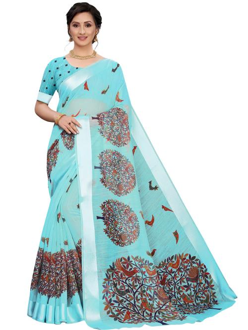 Leeza Store Blue Color Printed Kota Doria Cotton Linen, Chanderi With Satin Border Blouse Piece Saree