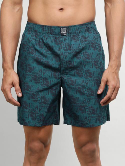 Jockey Style US57 Men's Super Combed Mercerized Cotton Woven Printed Boxer Shorts with Side Pocket - Seaport Teal