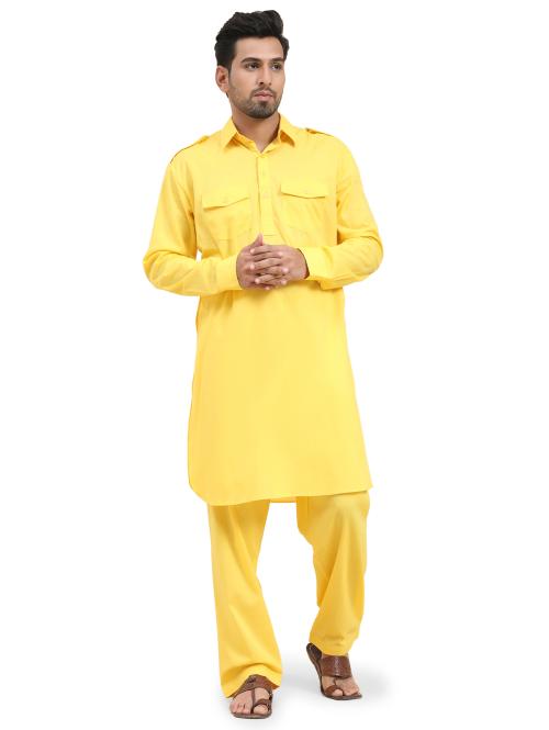SKAVIJ Men's Pathani Solid Cotton Kurta Pajama Set (Gold, M)