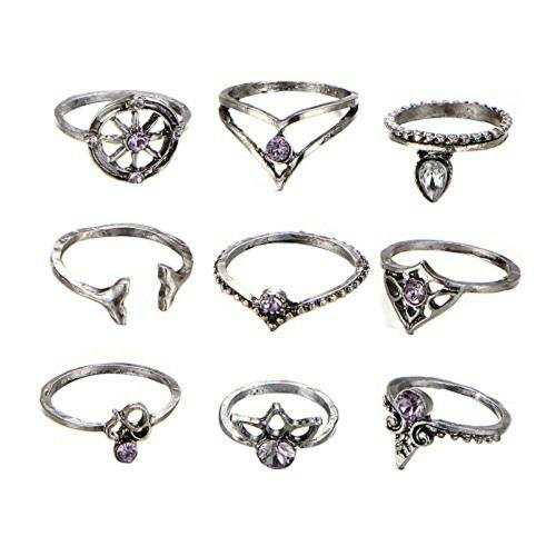 Young & Forever Oxidized Silver and Cubic Zirconia Midi Knuckle Stack Ring For Women (Purple)