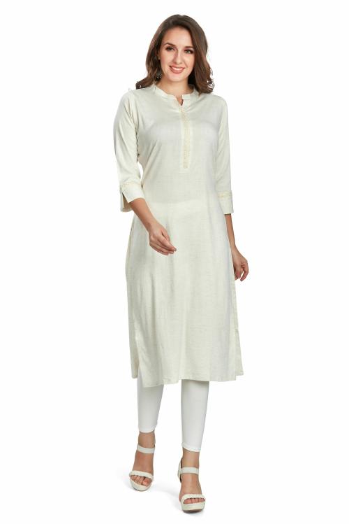 nioni Women’s Straight Kurti with Hand Embroidered, Stretch Stylish Kurta with Side Cut for Girls, 3/4 Cut Sleeves (White, L)