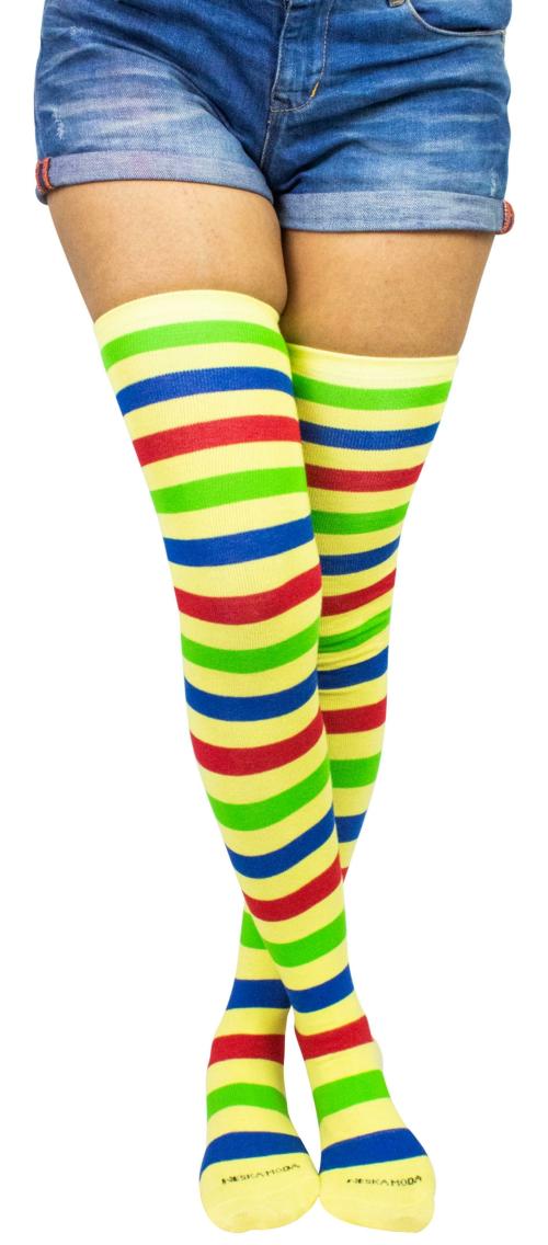 Neska Moda Women's 1 Pair Yellow Striped Cotton Thigh-High Stockings