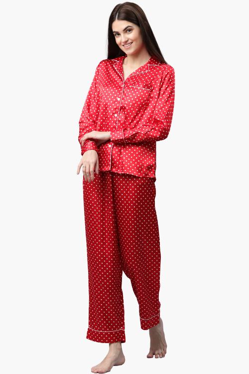 Pretty Loving Thing Women Full Sleeve Night Dress Shirt & Pyjama Set Red