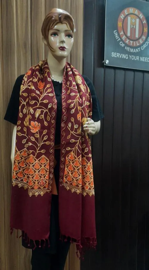 Embroidered kashmiri stole by Allure motifs, unisex stole , ethnic shawl, multicolor stole, maroon stole