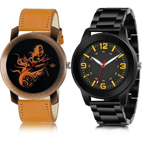 TIMENTER New High Quality Mahabali Hanuman And Black Chain Orange And Black Colour Analog Genuine Leather And Stainless Steel Belt 2 Watch Combo For Boys And Men - BL46.64-(48-S-20)