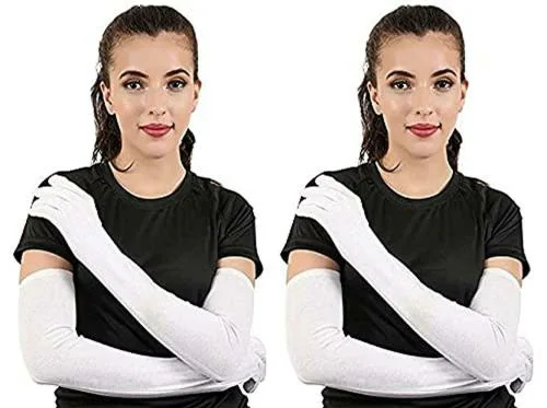 UPAREL White Women Cotton Full Hand Gloves, 2 Pair