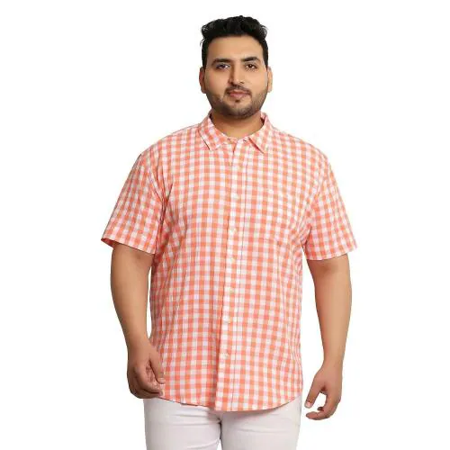 Plus Panda Men Orange & White Check Shirts
