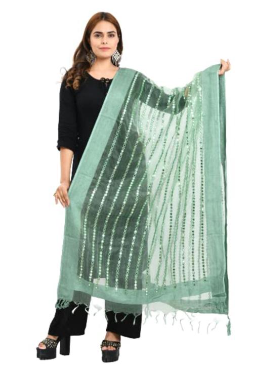 Moeza Women Pista Green Organza Cotton Mirror Thread Work Dupatta