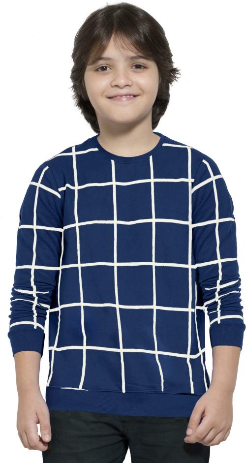 Maniac Checked Boys Full Sleeve Round Neck Navy Cotton Tshirt
