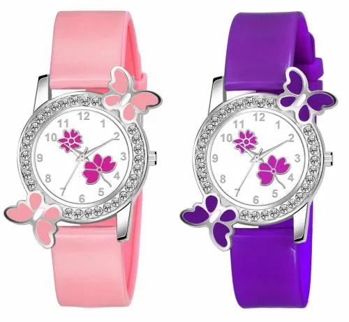 KIARVI GALLERY Analog Flower Butterfly Multi-color Dial Multicolor Strap Watch for Girls And Women Watches (Pack of 2)