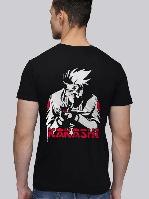BLISSINK Naruto Kakashi Hatake Front And Back Printed Black Cotton Tshirt for Men