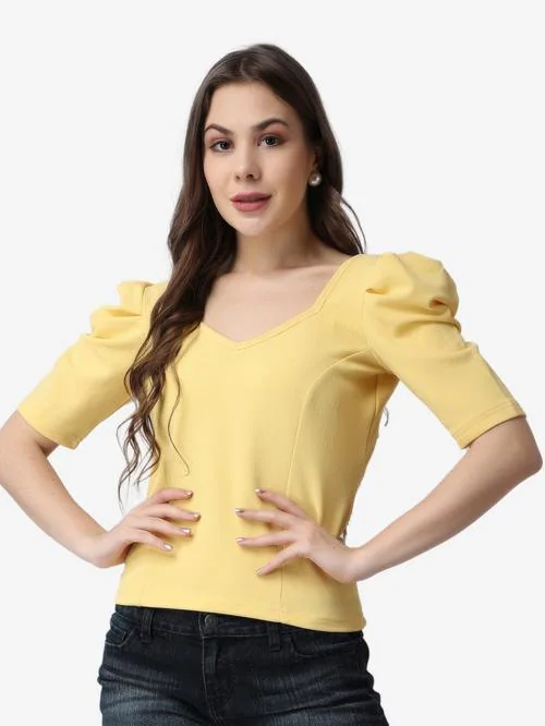 Popwings Casual Women's Lime Yellow V Neck Puff Sleeves Short Length Top