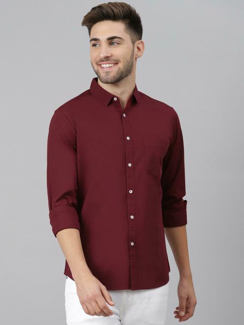 Dennis Lingo Men's Slim Fit Pure Cotton Solid Full Sleeves Casual Shirt (Dark Red)