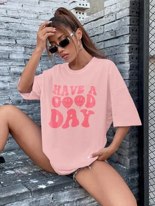 Popster pink Printed Cotton Round Neck oversized Fit Half Sleeve Womens T-Shirt l women tshirt l tshirt for women