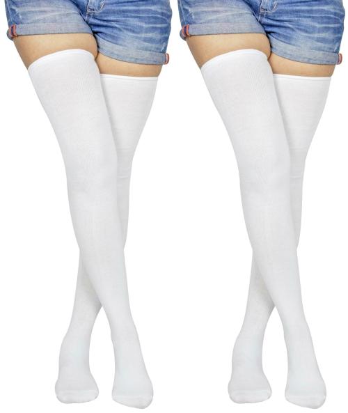 Neska Moda Women's 2 Pairs White Cotton Thigh-High Stockings