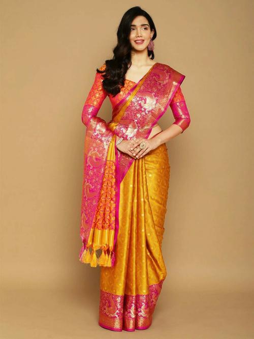 Yourwish Women Gold Woven Cotton Silk Paithani Saree