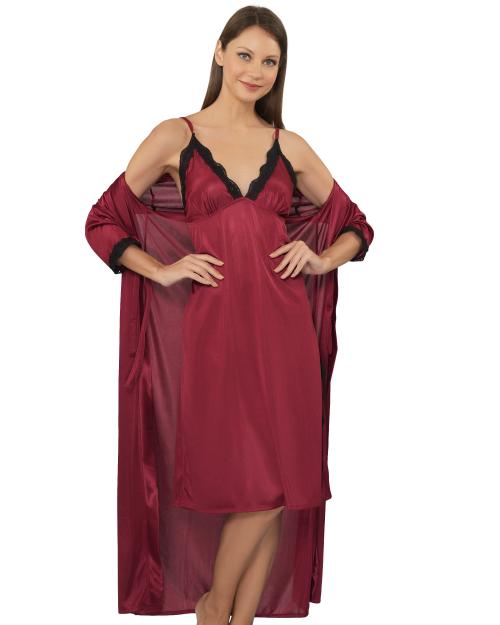 Legit Affair Maroon Solid Feminine Nightdress Maxi Length dress with robe for Women