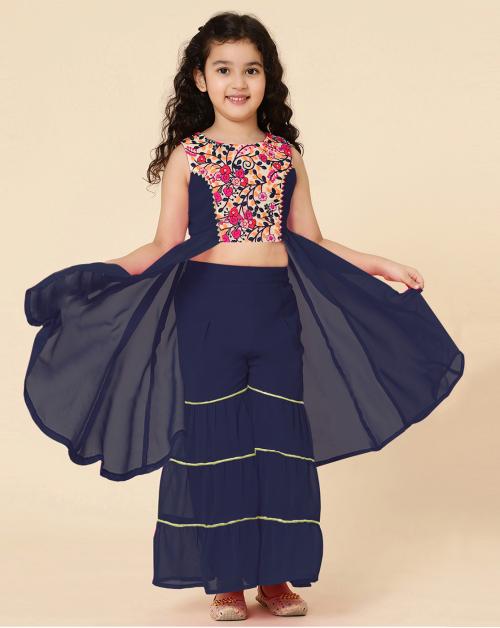 A.T.U.N. Girls Embroidered Navy Sharara Set