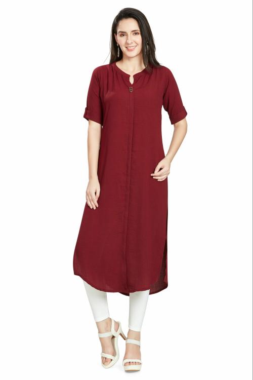 nioni Woman’s Straight Fashionable Round Neck kurta with folded sleeves/Plain Kurti (Maroon_XXL)