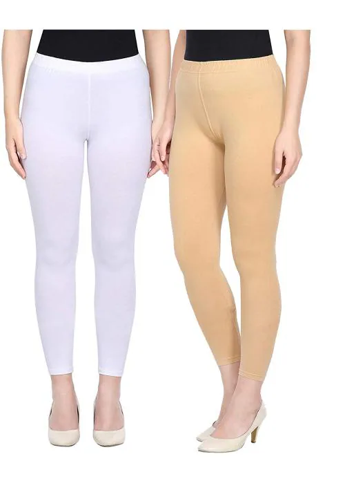 KEX White Beige Solid Cotton Ankle Length Legging Combo Legging Combo Girls Legging Combo Ankle Legging Combo