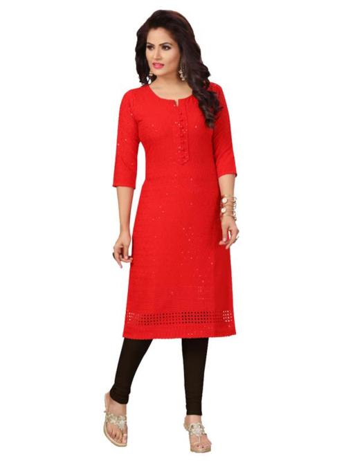 Dolane Women Red Sequence Rayon Chicken Work Kurti (Xl)