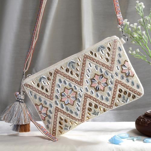 Anekaant Boho Natural & Pastel Multi Embellished Handloom Cotton Sling Bag
