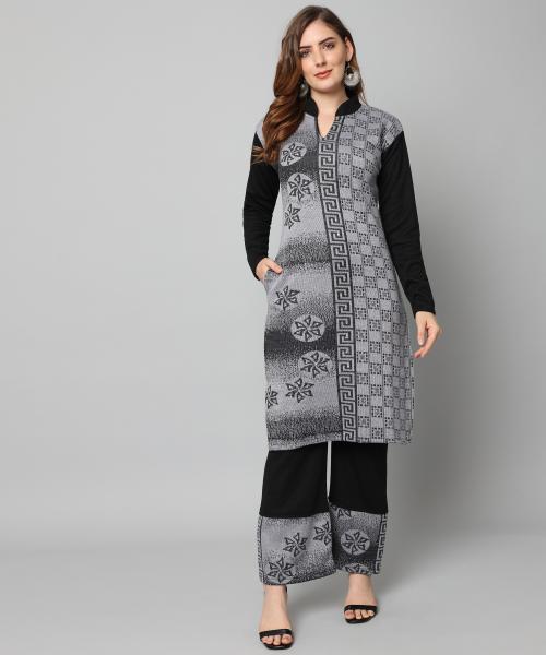 TWOCRAZIIE Women Grey Embroidered Wool Single Kurta Palazzo Set