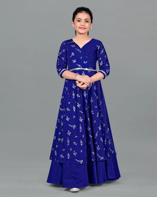 Fashion Dream Girls Blue Foil Printed Taffeta Dress | Dresses | Kids Wear | Girls Dress | Kids Dress | Dress | Dresses For Girls | Maxi Dress | Kids Girls Dress