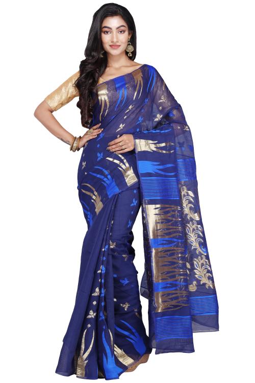 CRAFTONI Peacock Design Women Dhakai Jamdani Soft Cotton Silk Saree with Blouse Piece (Blue)